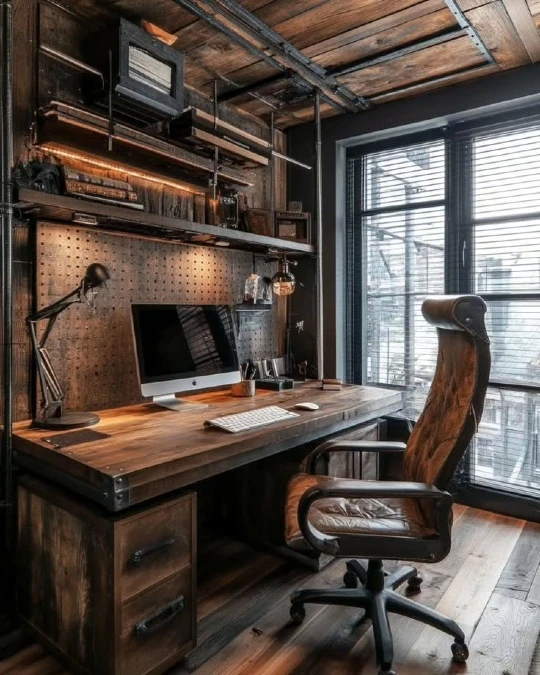 Dark Wood and Pipe Shelving Workspace