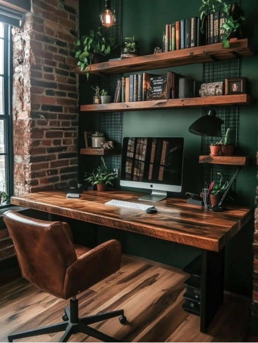 Green Wall and Rustic Wood Shelving
