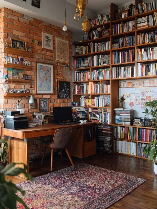 Brick Wall and Floor-to-Ceiling Library