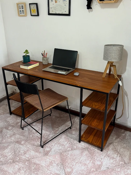 Simple Wood and Metal Desk with Open Shelving