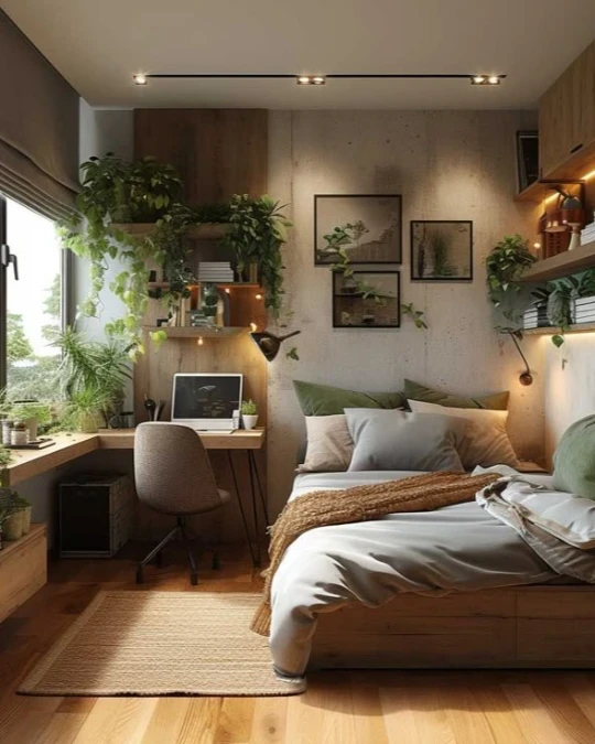 Earthy Bedroom Workspace with Greenery