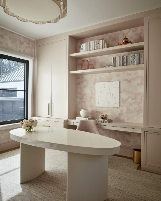 Soft Blush and White Built-in Workspace