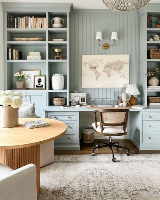 Soft Blue Built-In Library Wall