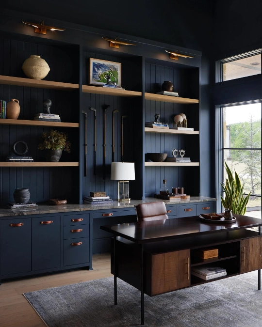 Navy and Wood Built-in Shelving