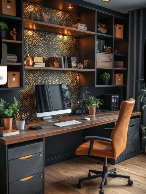 Dark Wood and Gold Patterned Workspace