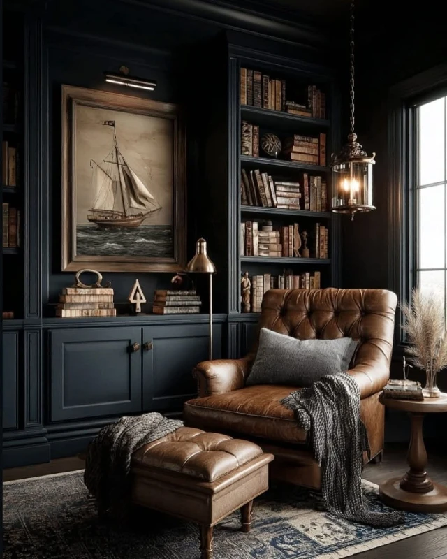 Leather Reading Nook with Dark Cabinetry