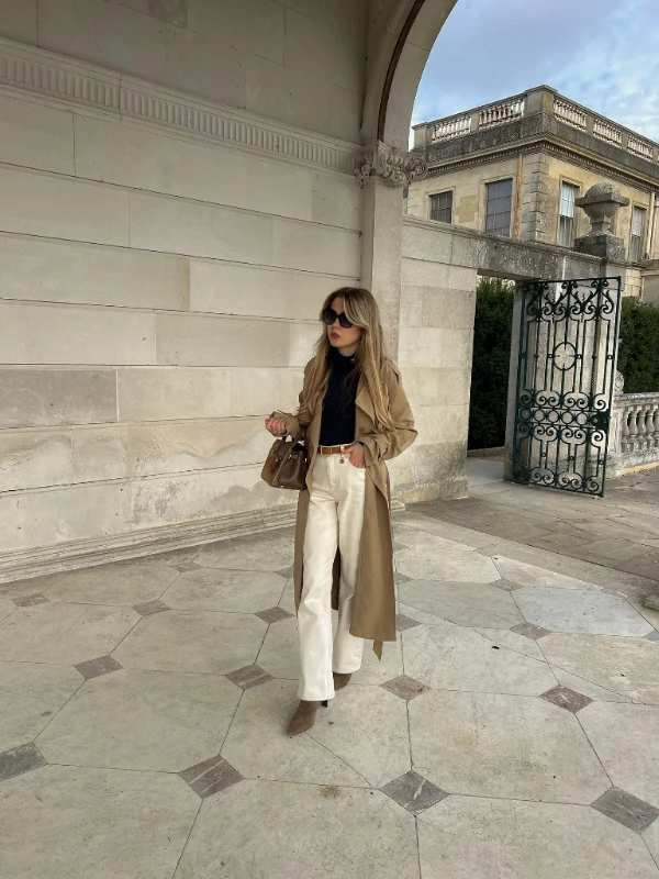 Classic Tan Trench and White Denim