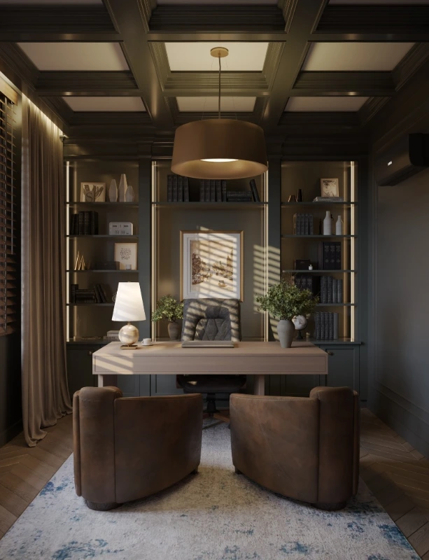 Coffered Ceilings and Moody Shelving