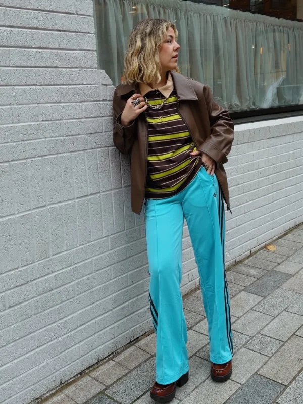 Brown Leather Jacket and Bright Sporty Trousers