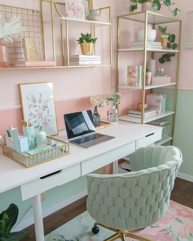 Gold Wire Shelving And Pastel Walls