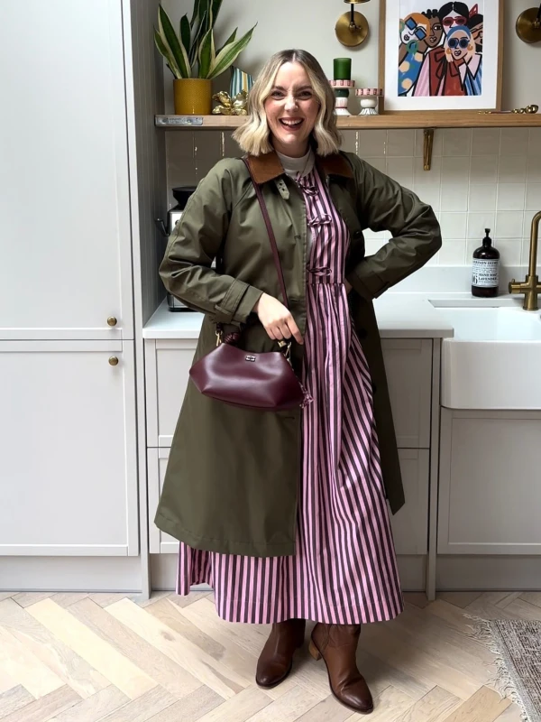 Pink Striped Dress and Olive Trench