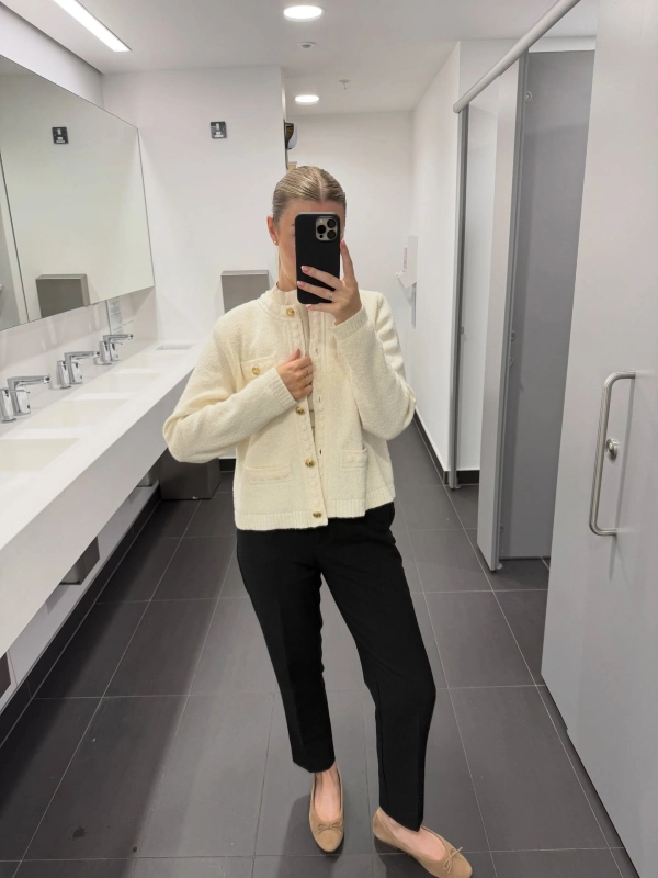 Cream Textured Cardigan and Black Trousers