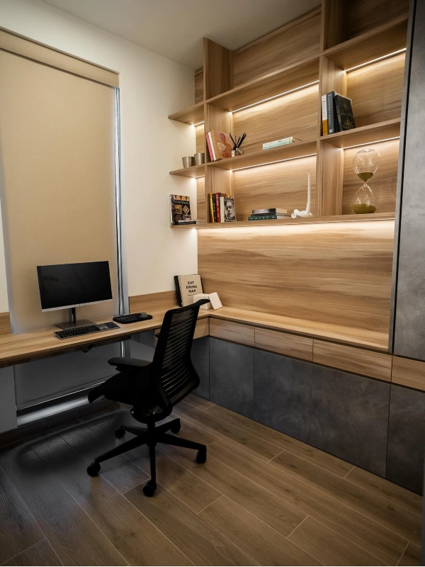 Built In Wooden Shelves With LED Lighting