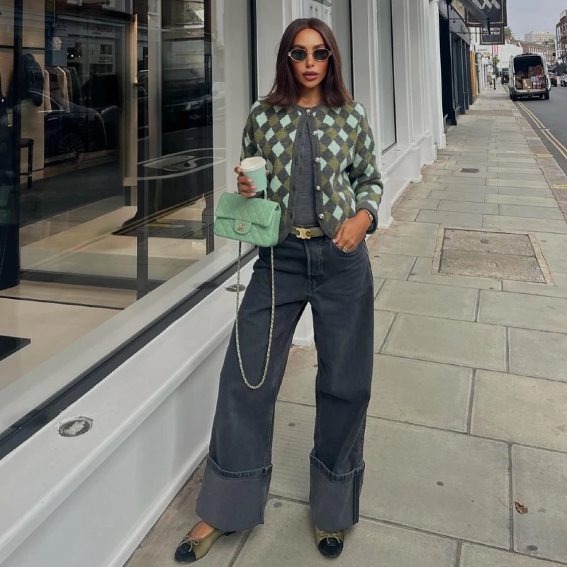 Argyle Cardigan and Wide Leg Denim