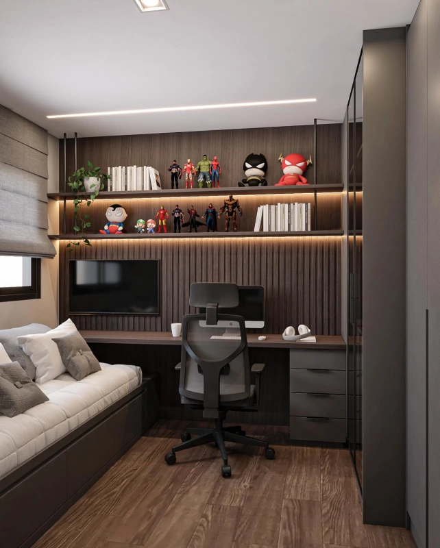 Wood Slat Wall With Lighted Display Ledges