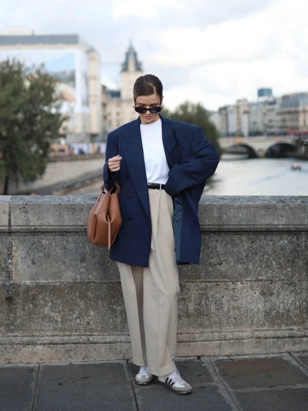 Oversized Navy Blazer and Pleated Slacks