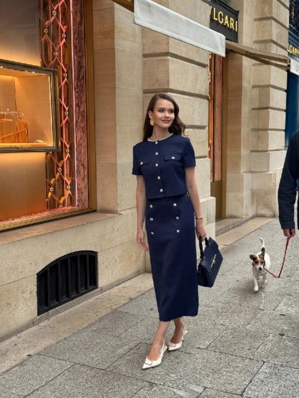 Navy Button Down Skirt Set