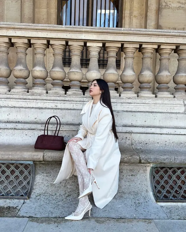 Cream Wrap Coat with Lace Details