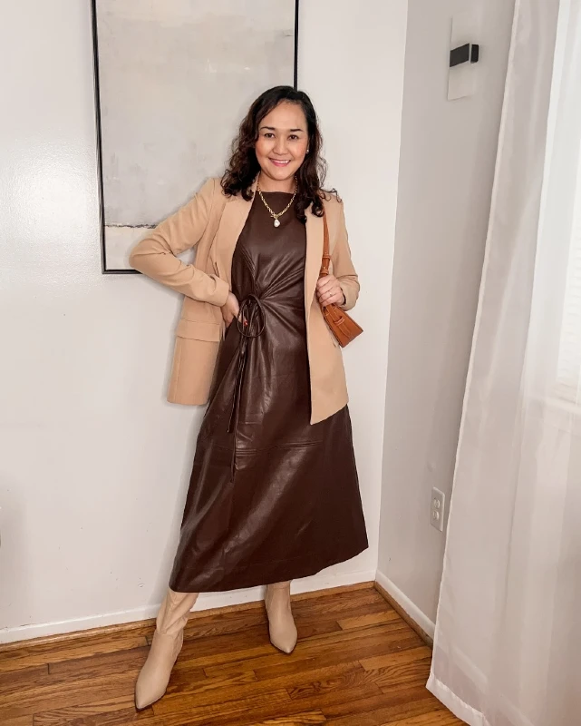 Faux Leather Dress and Camel Blazer