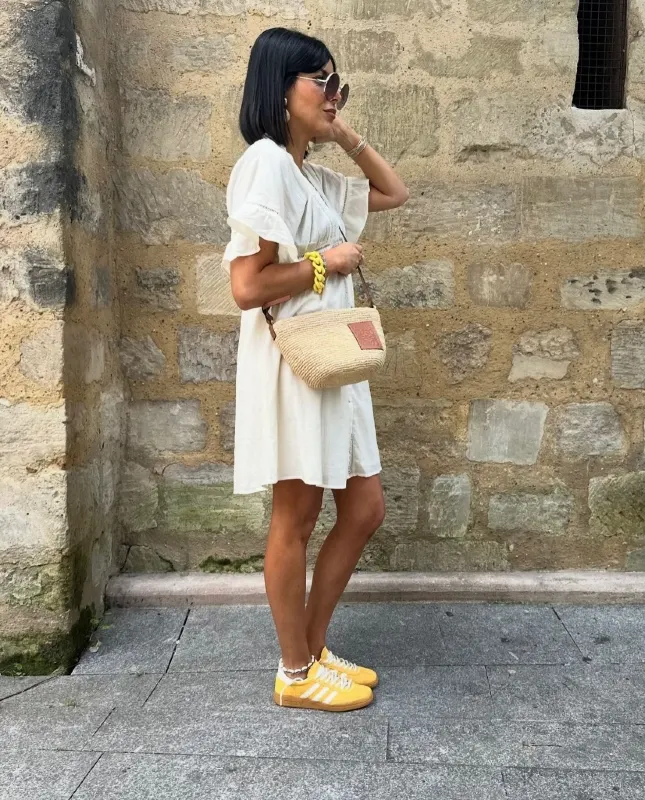 Ruffled Shift Dress And Bright Sneakers