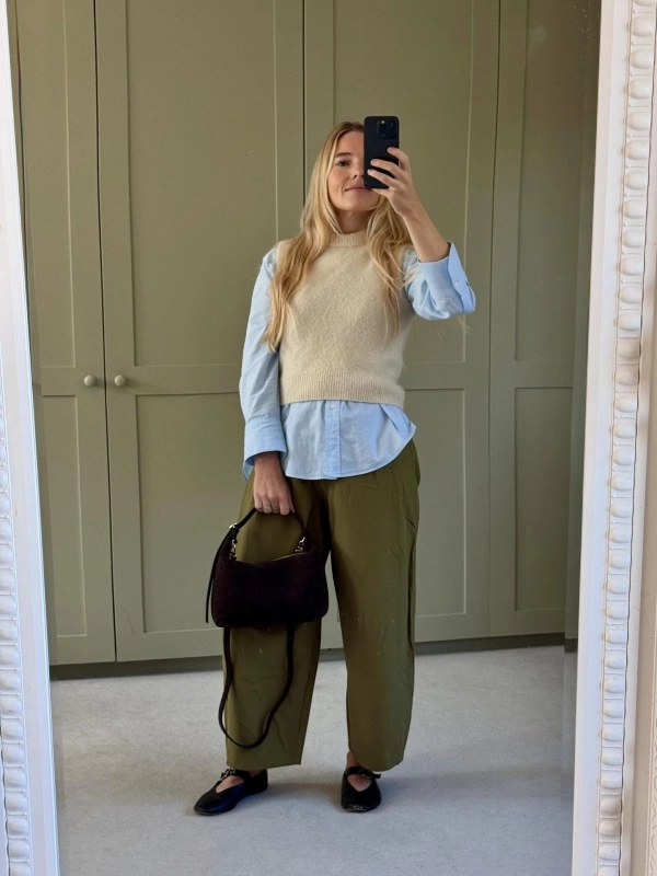 Layered Knit Vest and Wide-Leg Trousers