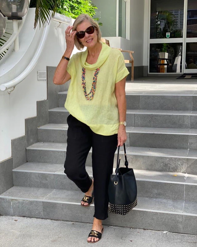 Citron Linen Blouse and Black Tailored Trousers
