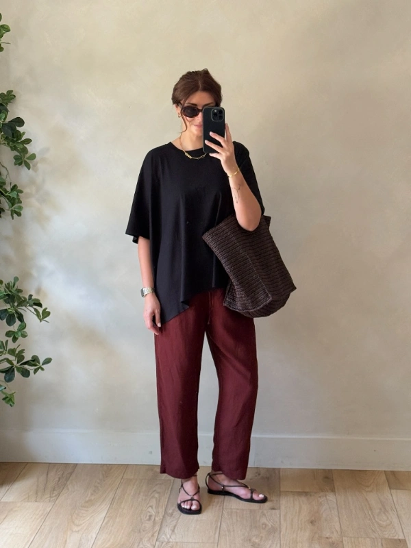 Oversized Black Tunic and Burgundy Linen Pants