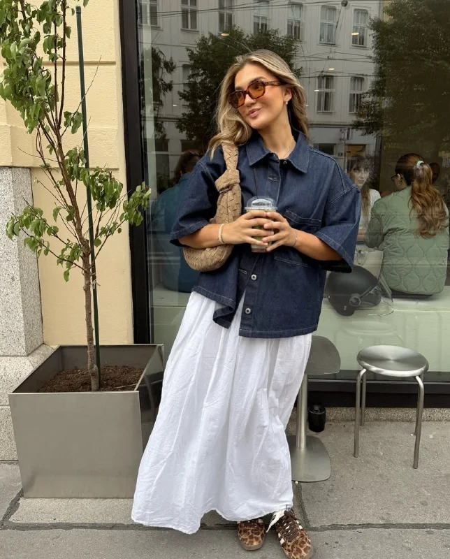Dark Denim Shirt and White Maxi Skirt