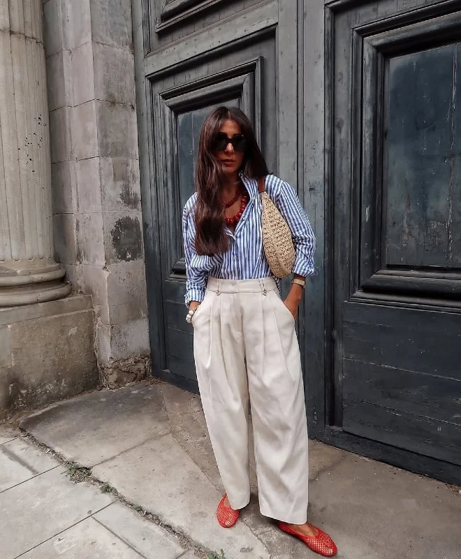 Striped Button Down and Cream Barrel Pants