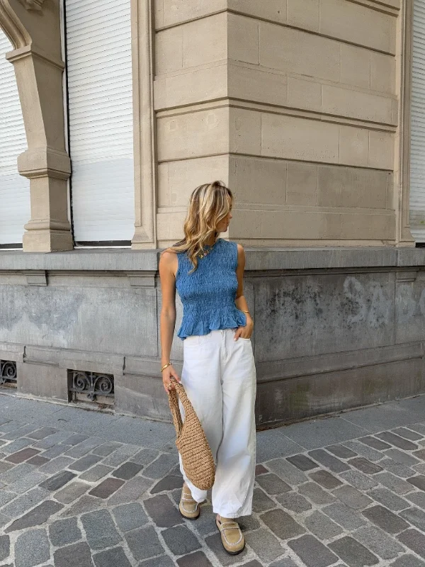 Smocked Blue Tank and White Barrel Jeans