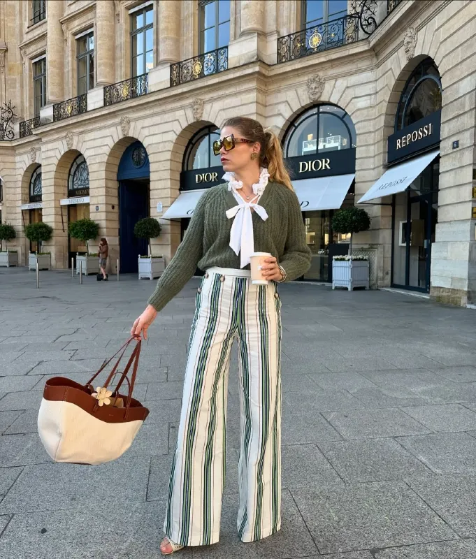 High Waisted Striped Wide Leg Trousers