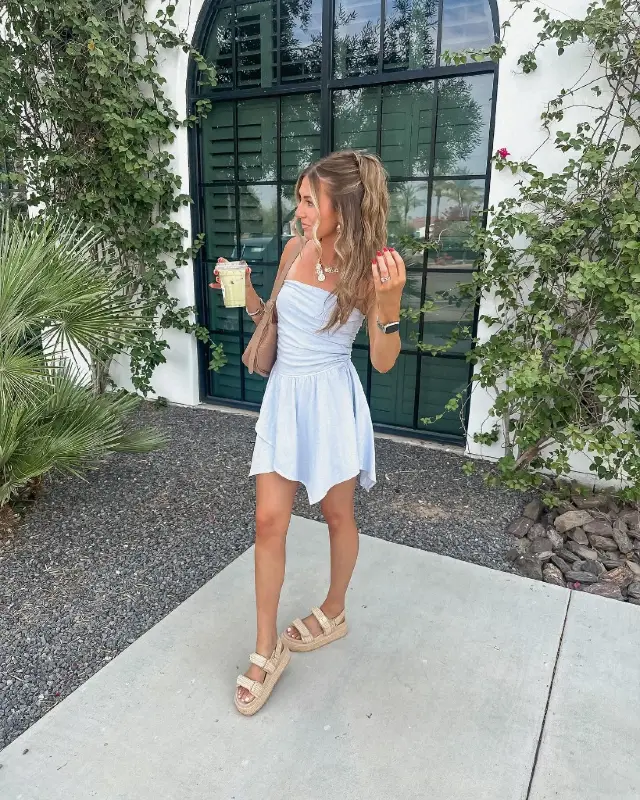 Pale Blue Ruched Mini Dress