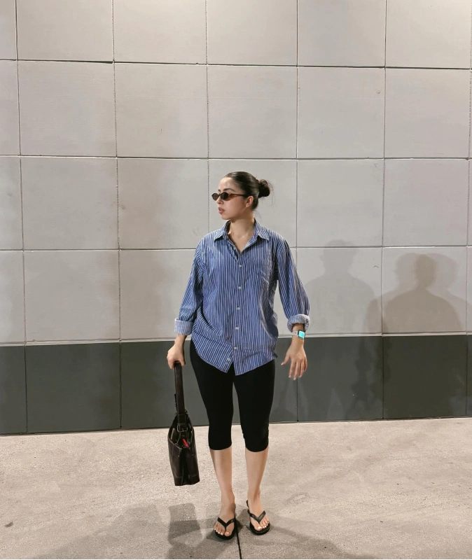 Blue Striped Button Down and Capri Leggings