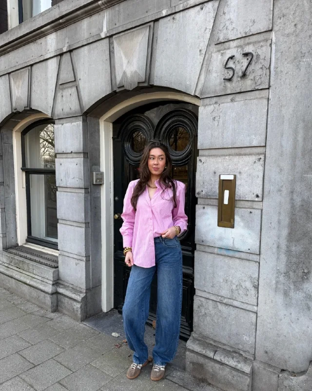 Pink Striped Shirt and Wide Leg Jeans