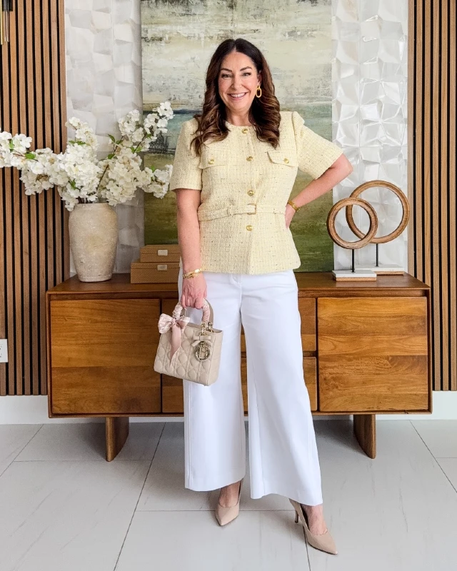 Pastel Tweed Top and White Wide Leg Trousers