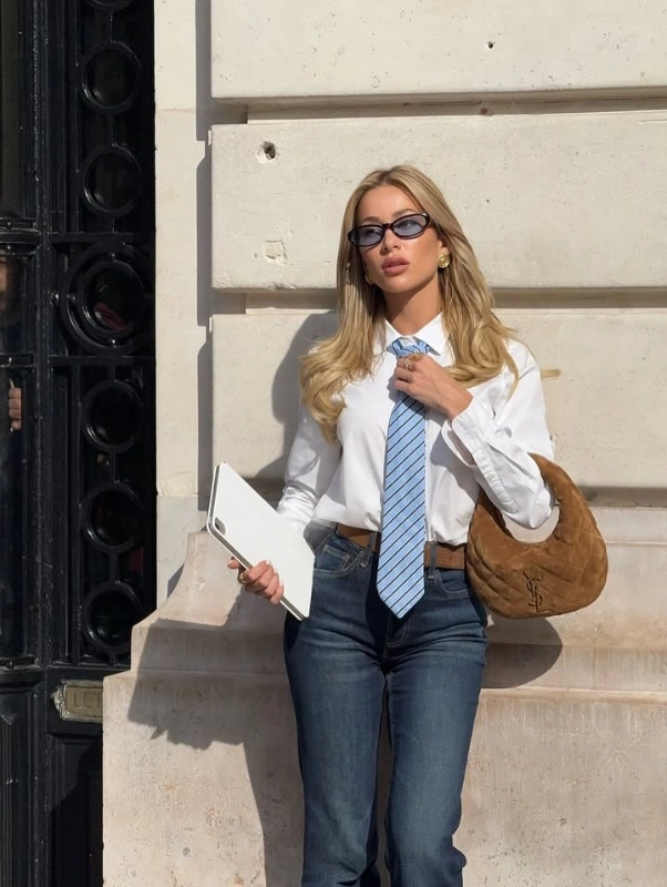 White Button Down with Striped Tie and Denim
