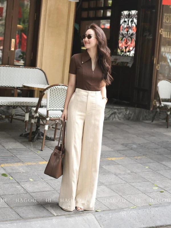 Brown Polo Top and Cream Wide Leg Trousers