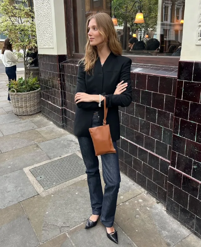 Black Collarless Blazer and Straight Denim