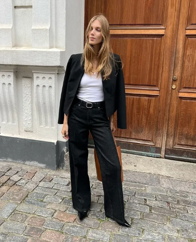 Cropped Blazer and Dark Wide Leg Jeans