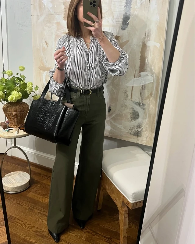 Olive Wide-Leg Trousers and Striped Blouse
