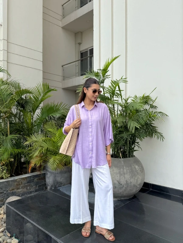 Lavender Oversized Shirt and Linen Trousers