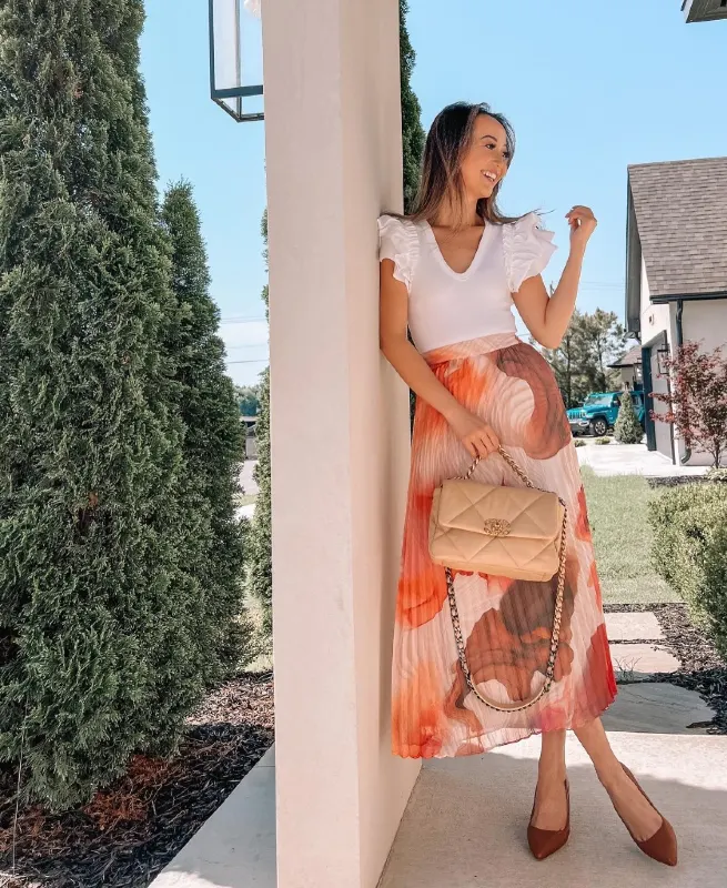 Ruffle Sleeve Top and Pleated Midi Skirt