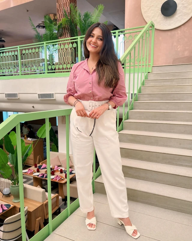 Mauve Blouse and Belted Trousers
