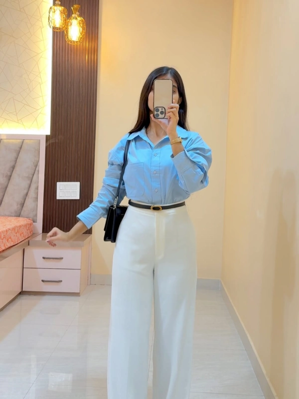 Sky Blue Shirt and White Wide Leg Trousers