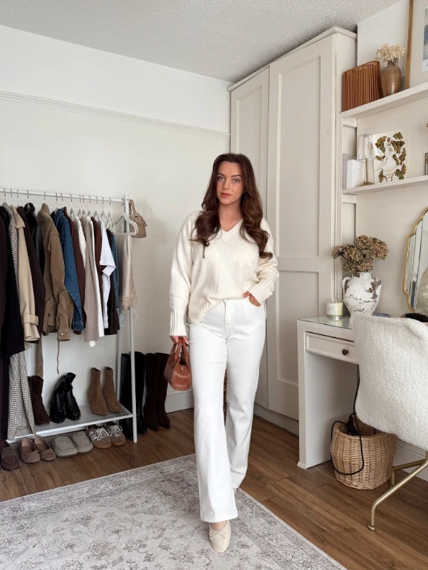 V-Neck Sweater and Full-Length White Trousers