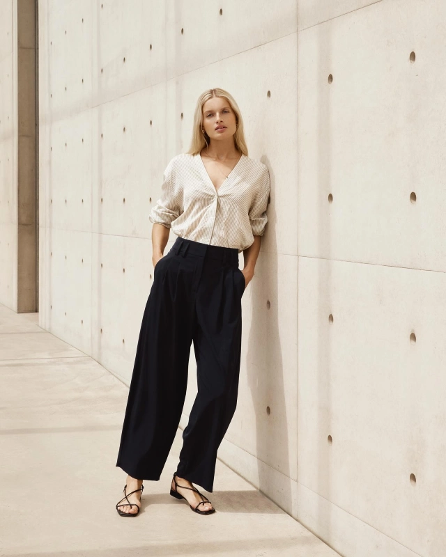 Navy Wide Leg Culottes and Striped V-Neck