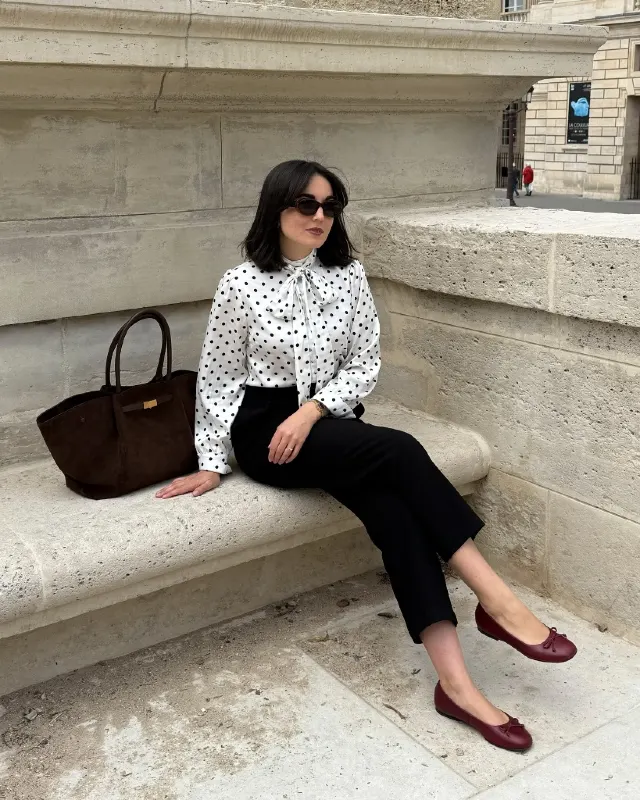 Polka Dot Tie Neck Blouse and Slim Trousers