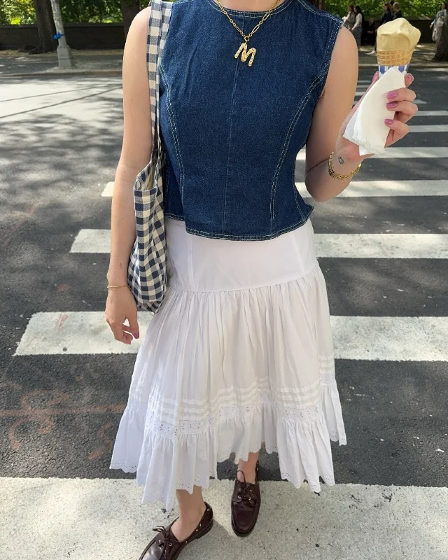 Denim Vest and Tiered White Midi Skirt
