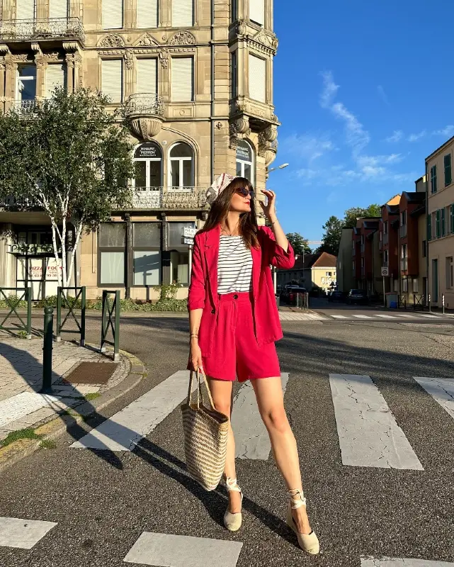 Bright Short Suit and Espadrille Wedges