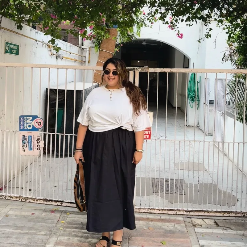 White Tucked Tee and Black Maxi Skirt
